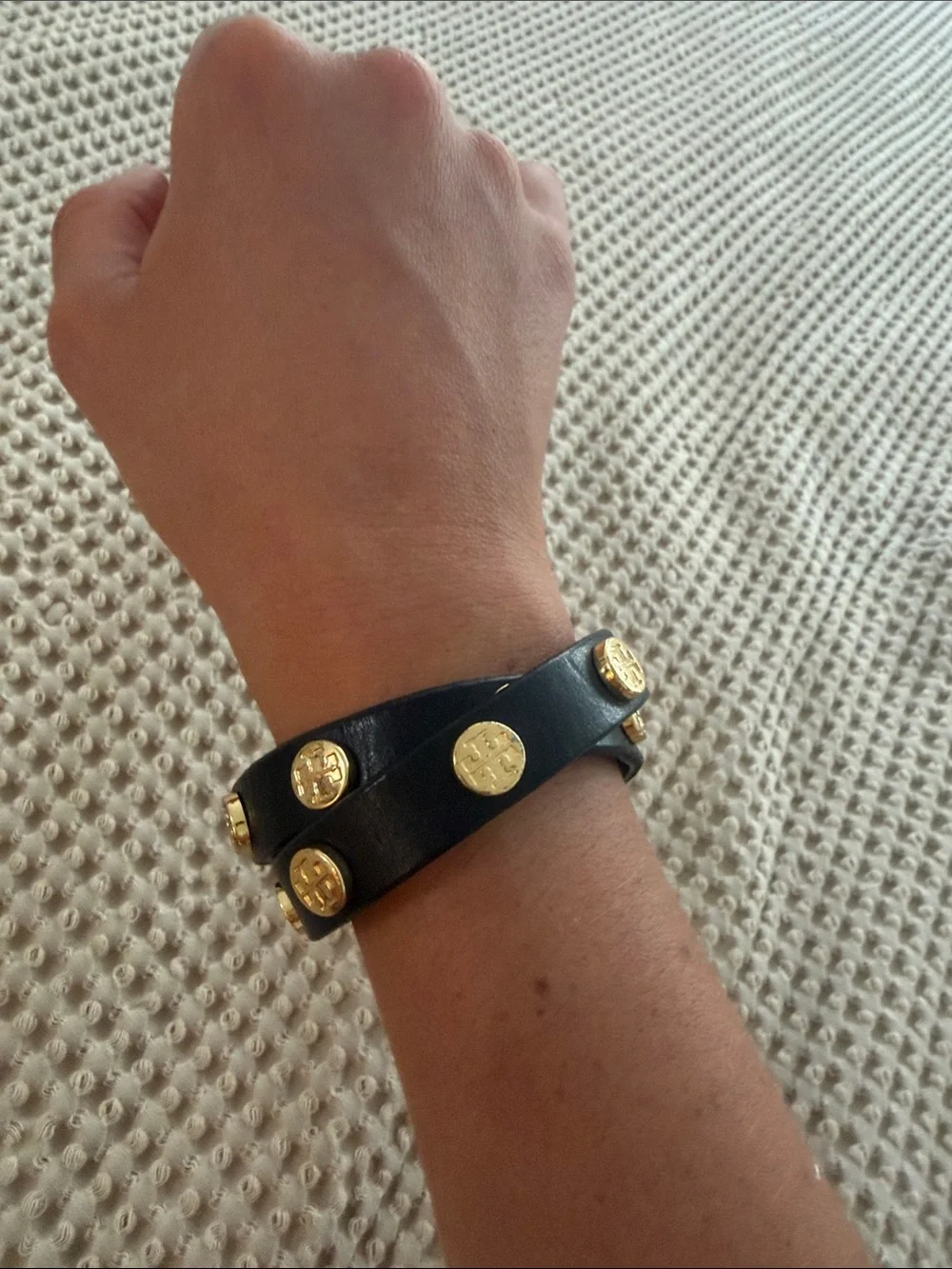 Tory Burch Black Leather Double-Wrap Bracelet with Gold Logo Studs
